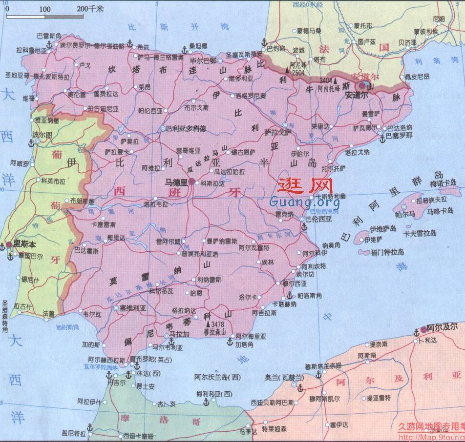 西班牙各个城市间地图