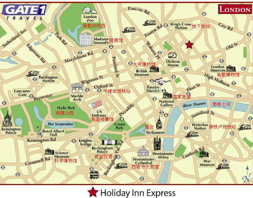伦敦市中心旅游景点分布地图