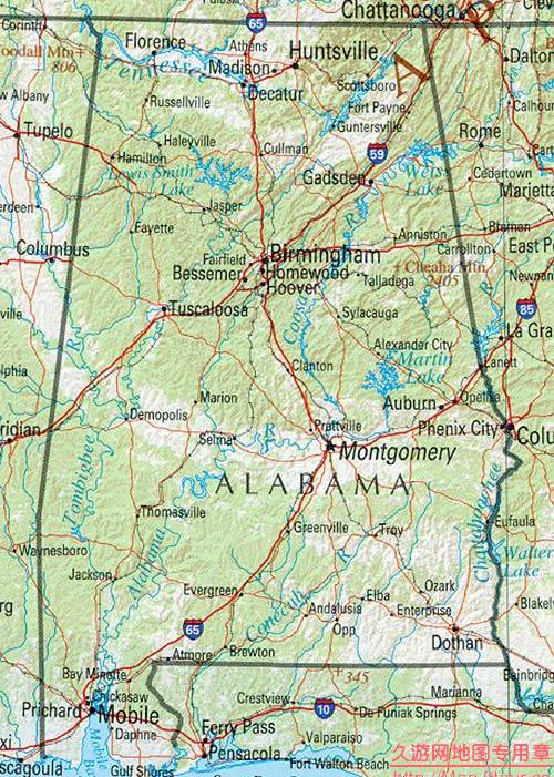 美国Alabama州地形图,美国地图高清中文版