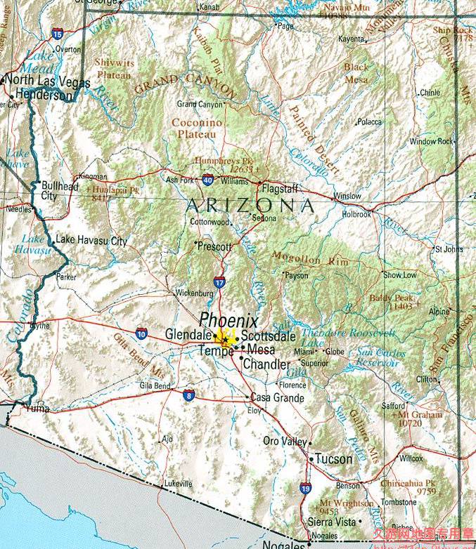 美国Arizona州地形图,美国地图高清中文版