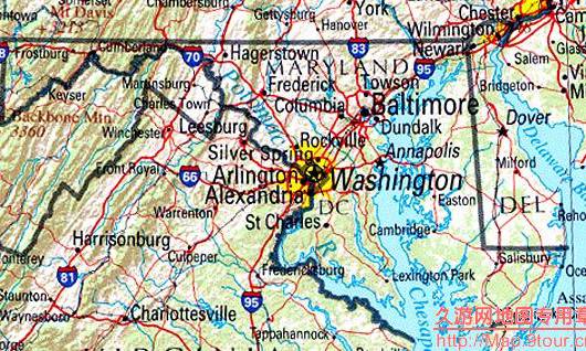 美国Maryland&Delaware&Washington地区地形图,美国地图高清中文版