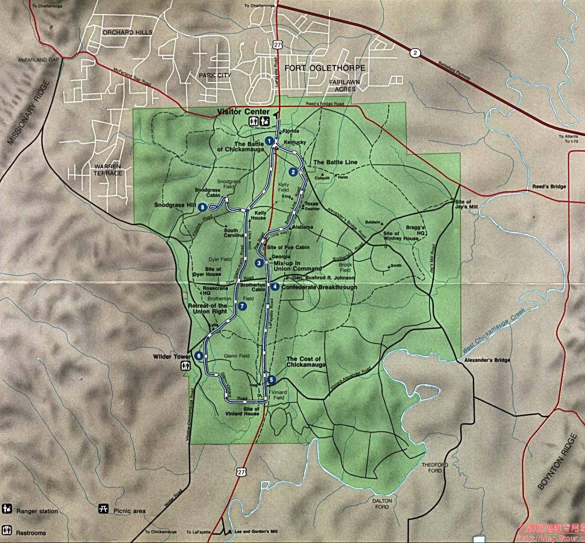 美国佐治亚州Chickamauga battlefield地图,美国地图高清中文版