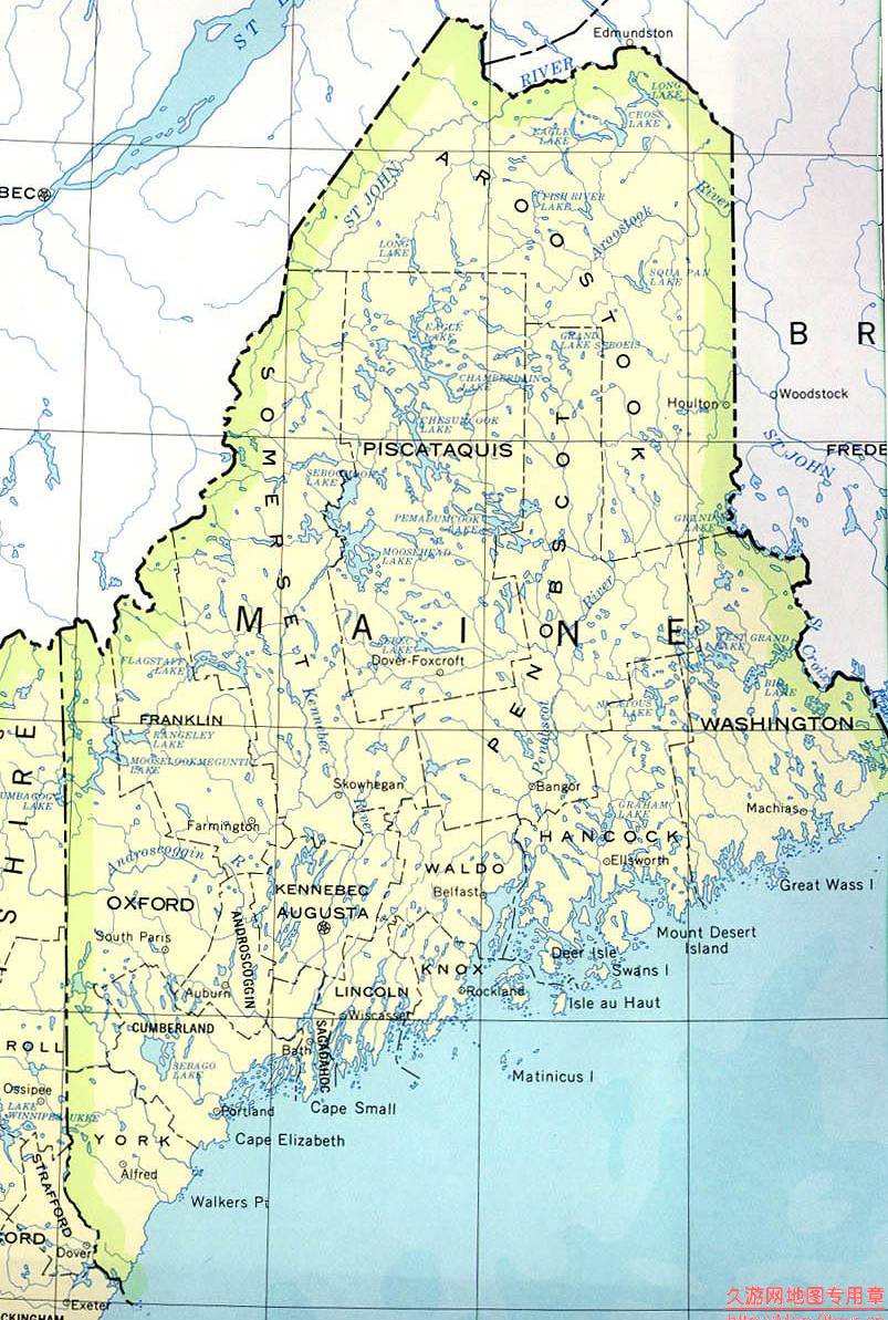 美国Maine州政区图,美国地图高清中文版