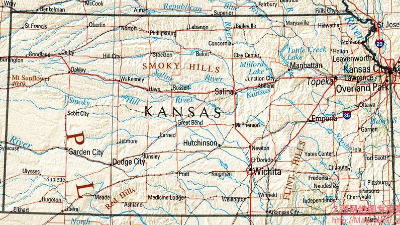 美国Kansas州地形交通图,美国地图高清中文版