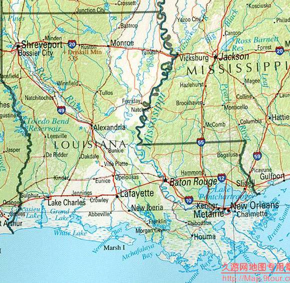 美国Louisiana州地形交通图,美国地图高清中文版
