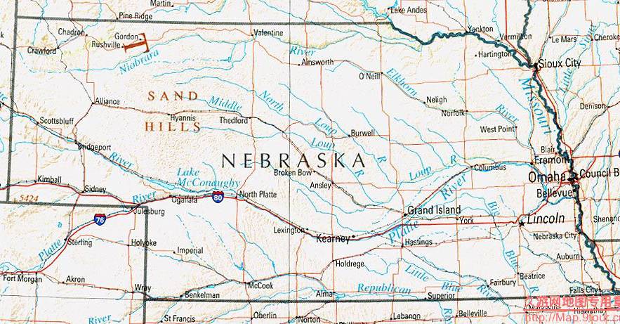 美国Nebraska州地形交通图