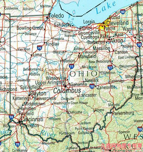 美国Ohio州地形交通图,美国地图高清中文版