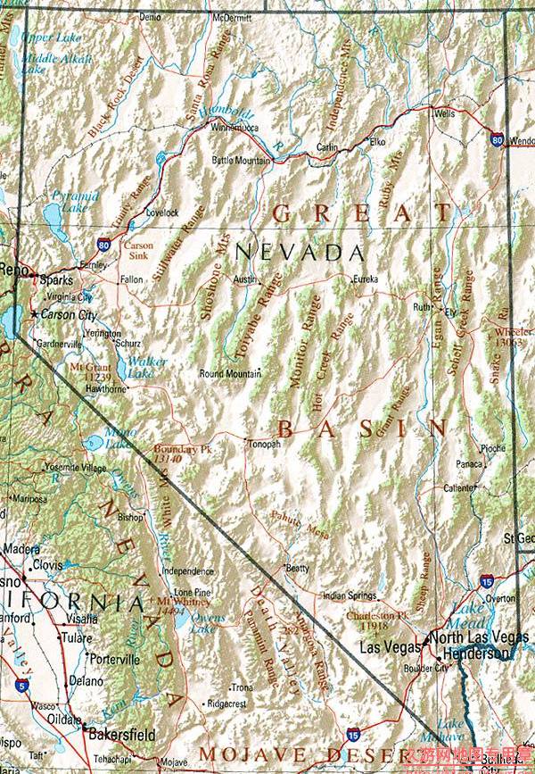美国Nevada州地形交通图,美国地图高清中文版