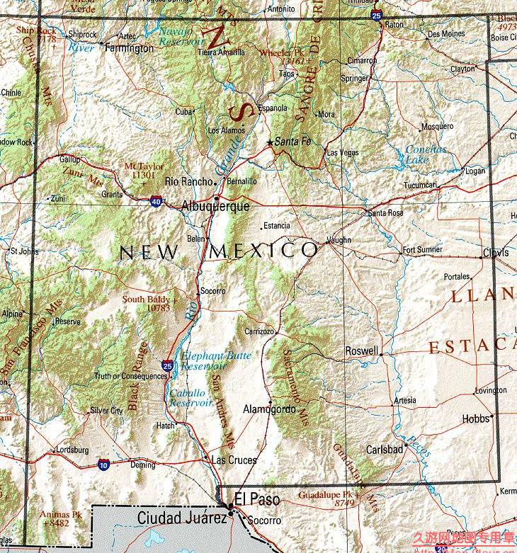 美国New Mexico州地形交通图,美国地图高清中文版