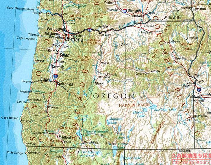美国Oregon州地形交通图,美国地图高清中文版