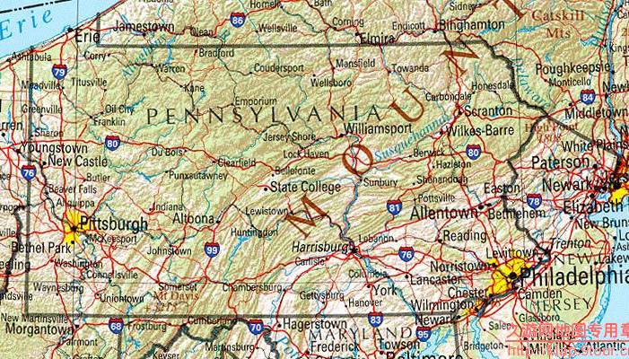 美国Pennsylvania州地形交通图