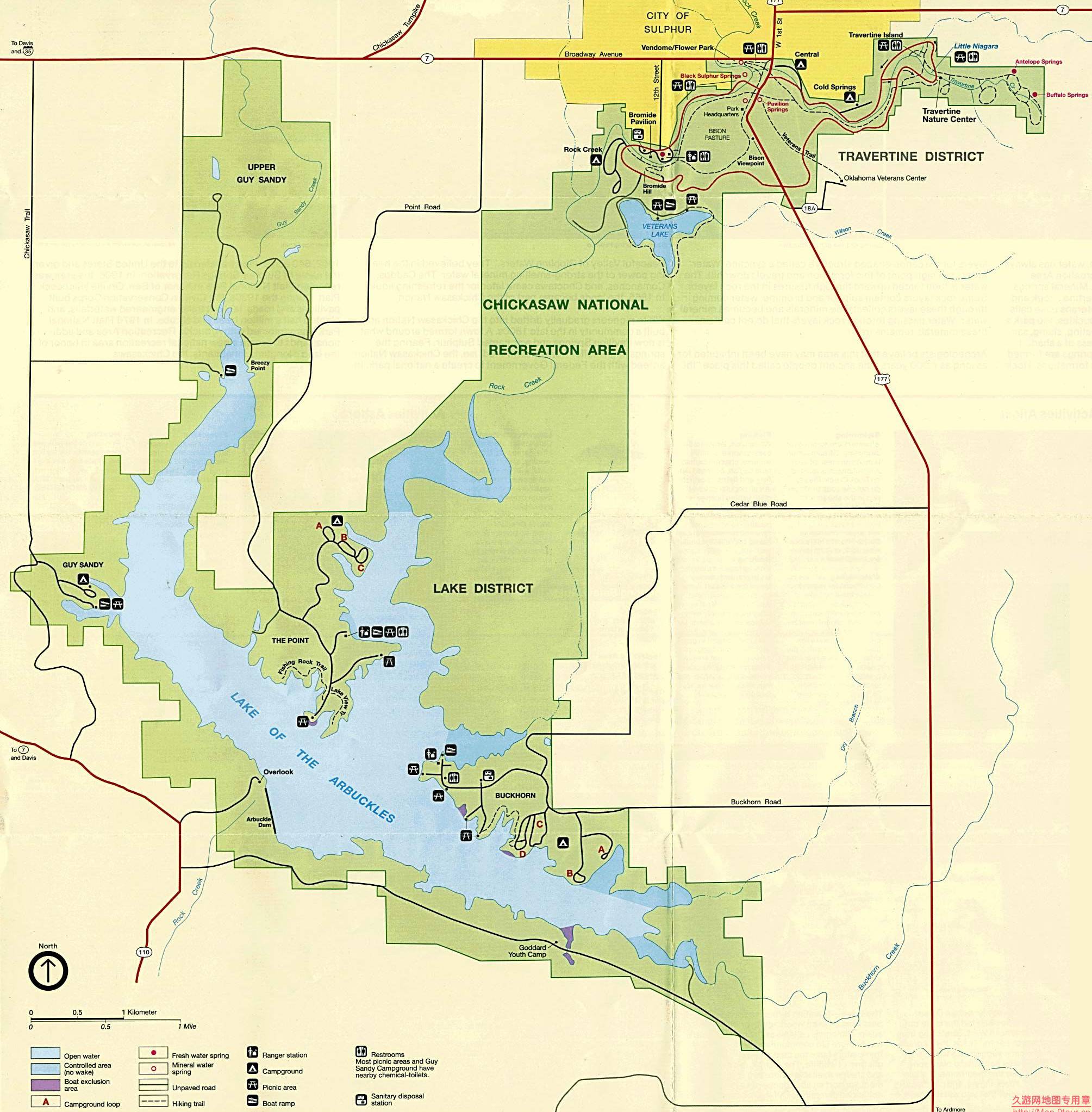 美国Oklahoma州Arbuckles湖及周边景点地图