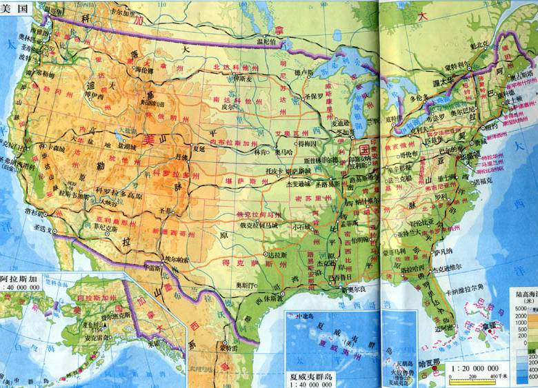 美国地形图,美国地图高清中文版