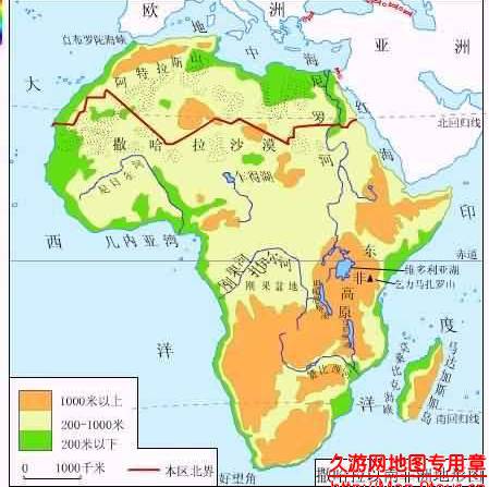 非洲地形图,高清中文版